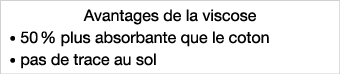 Avantages de la viscose     50 % plus absorbante que le coton    pas de trace au sol