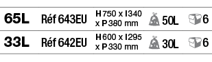 65L,Réf 643EU,H 750 x l 340 x P 380 mm, 50L, 6,33L,Réf 642EU,H 600 x l 295 x P 330 mm, 30L, 6
