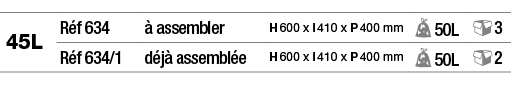 45L,Réf 634,à assembler,H 600 x l 410 x P 400 mm, 50L, 3,Réf 634 1,déjà assemblée,H 600 x l 410 x P 400 mm, 50L, 2