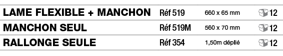 Lame flexible + manchon,Réf 519,660 x 65 mm, 12,Manchon seul,Réf 519M,560 x 70 mm, 12,Rallonge seule,Réf 354,1,50m dé   