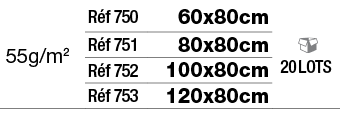 55g m2,Réf 750,60x80cm, 20 lots,Réf 751,80x80cm,Réf 752,100x80cm,Réf 753,120x80cm