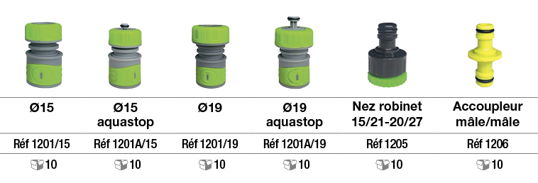  , , , , , ,Ø15 ,Ø15 aquastop,Ø19 ,Ø19 aquastop,Nez robinet 15 21-20 27,Accoupleur mâle mâle,Réf 1201 15 ,Réf 1201A 1   