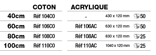 ,Coton,,Acrylique,40cm,Réf 104CO,,-,430 x 120 mm, 50,60cm,Réf 106CO,,Réf 106AC,630 x 120 mm, 50,80cm,Réf 108CO,,Réf 1   